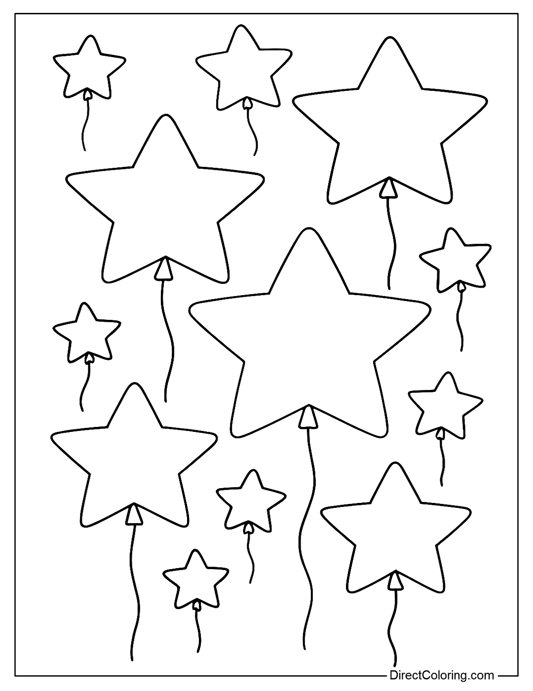 Coloring page with many star-shaped balloons of all sizes floating